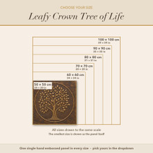 Size guide for the Leafy Crown Tree in a Circle panel, every size drawn to scale in cm and inches