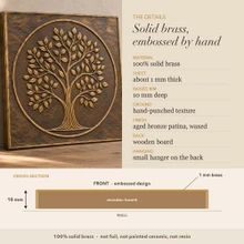 Detail card for the Leafy Crown Tree in a Circle panel: solid brass, raised rim depth, finish and the back