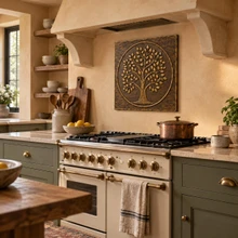 Leafy Crown Tree of Life in a circle, one hand-embossed brass wall panel: statement backsplash behind a kitchen range