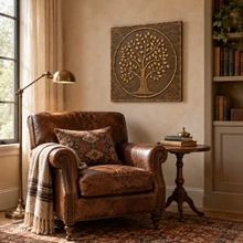 Leafy Crown Tree of Life in a circle, one hand-embossed brass wall panel in aged bronze: hung in a study or reading room