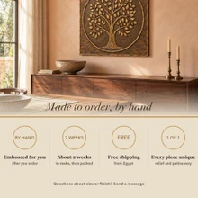 Card noting that the Leafy Crown Tree in a Circle panel is made to order by hand