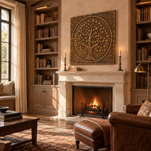 Old Oak Tree of Life in a circle, one hand-embossed brass wall panel: hung above a fireplace or sofa in a living room