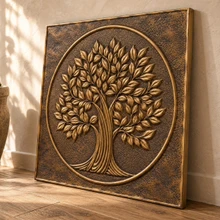 Dense Leaf Tree of Life in a circle in hand-embossed brass: three-quarter view showing the 10 mm edge and plain raised rim