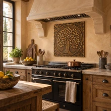 Dense Leaf Tree of Life in a circle, one hand-embossed brass wall panel: statement backsplash behind a kitchen range