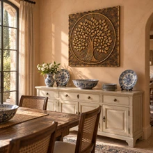 Dense Leaf Tree of Life in a circle, one hand-embossed brass wall panel: hung above a sideboard in a dining room