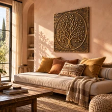 Open Branch Tree of Life in a circle, one hand-embossed brass wall panel: hung above a fireplace or sofa in a living room