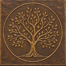 Open Branch Tree of Life in a circle, one hand-embossed brass wall panel: straight product shot of the whole panel