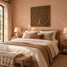 Open Branch Tree of Life in a circle, one hand-embossed solid brass wall panel in aged bronze: hung above a bed