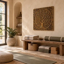 Open Branch Tree of Life in a circle, one hand-embossed brass wall panel in aged bronze: hung in a study or reading room