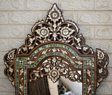 Syrian Arched Mother of Pearl Mirror Frame, Scalloped Crest, 42 in — detail 3