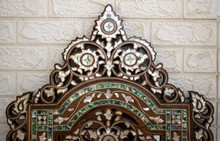 Syrian Arched Mother of Pearl Mirror Frame, Scalloped Crest, 42 in — detail 5