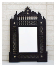 Moroccan Mashrabiya Carved Mirror Frame with Arcaded Crest, 32 in
