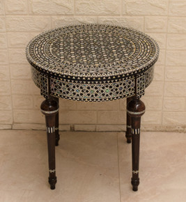 Egyptian Luxury Mother of Pearl Inlay Side Table, 20" Round Mosaic Wooden Table, Coffee & End Table, Side Table, Moroccan Furniture - front view