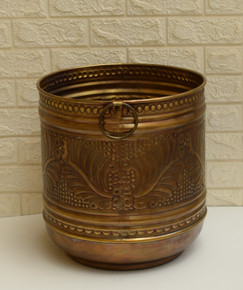 Egyptian Handmade Oxidize Brass 16" Planter, Moroccan Brass Bucket, Planter Bucket with round handles, Gardening & Plants, Flower Pot - front view