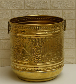 Egyptian Handmade Gold Brass 16" Planter, Moroccan Brass Bucket, Planter Bucket with round handles, Gardening & Plants, Flower Pot - front view