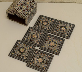 Handcrafted Wooden Coaster Set of 6, Egyptian Mosaic Mother of Pearl Inlay , Cup Mat, Wood Coasters, Home Decor, Housewarming Handmade Gifts - front view