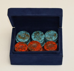 Backgammon pieces and dice,Turquoise & Red coral 30 Backgammon Chips in a Gift Box, Backgammon Set, Backgammon checkers Pieces, 1.4" diameter