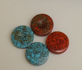 Backgammon pieces and dice,Turquoise & Red coral 30 Backgammon Chips in a Gift Box, Backgammon Set, Backgammon checkers Pieces, 1.4" diameter - front view