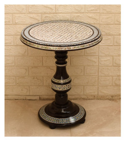 Round Mother of Pearl Mosaic Pedestal Table, Banded Rim, 20 in