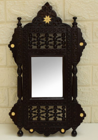 Handcarved Egyptian Brown Wood Wall Mirror Frame, Moroccan furniture, Mashrabiya Home Decor, Morocco Wall Hanging Mirror Frame - front view