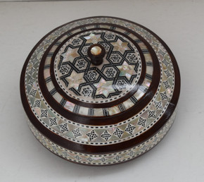 Handmade Egyptian Candy or Chocolate Bowl, Natural Mother of Pearl Mosaic Inlaid, Decorative Wood Candy Jar with Lid, Candy Dish, Candy Box - front view