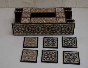 Handcrafted Tissue Box with Coasters Set, Egyptian Mother of Pearl Inlaid Wooden Tissue Box Cover, Napkin Case Holder, Tissue Dispenser