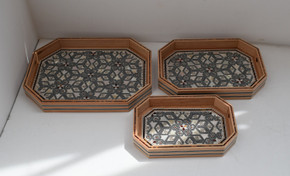 Handcrafted Decorative Tray Set of 3, Egyptian Wooden Tray , Mother of Pearl Inlaid Wood Serving Trays, Home Décor, Breakfast Ottoman Tray - front view