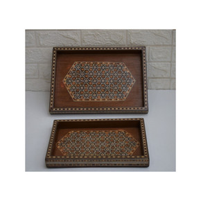 Handmade Tray Set of 2, Decorative Handmade Wooden Tray Set, Marquetry Mosaic Wood Serving Tray Set, Home Décor, Breakfast Tray