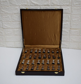 Chess Board, Egyptian Handmade Mother of Pearl Inlaid Wooden Board Game, 16 * 16" Board, Metal Chess Set, Chess Game, Pharos Pharaohs Set - front view