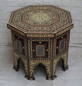 Moroccan Coffee Table, 23" Wide Egyptian Mother of Pearl Inlaid Side Table , Morocco Mosaic Wooden Side Table, Coffee & End Table - front view