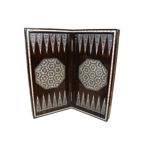 Handcrafted Egyptian Mother Pearl Inlaid Wooden Backgammon Chess Game Board in a gift box, 20" Game Board with Backgammon Chips - front view