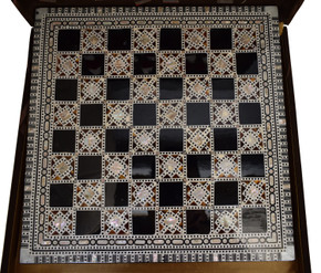 Egyptian Chess Board, Chess Game, Board Game, Handmade Mother of Pearl Inlaid Wooden Mosaic Chess Board 16 * 16", Camel Bone Carved Pieces - front view