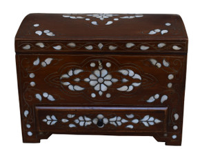 Antique Syrian Wood Jewelry Box, Morocco Middle Eastern Chest with drawer, Wooden Jewellery Box, Mother of Pearl Inlaid Wood Box Storage