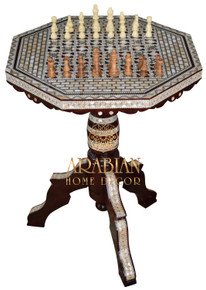 Chess Game Table, Octagonal Board Game, 20" Wide Egyptian Mother of Pearl Inlaid Chess Side Table, Morocco Coffee Table, Home Décor - front view