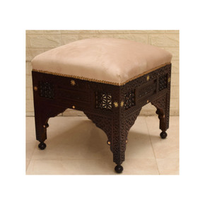 19" Square Pouf Chair, Arabesque Seat, Handcarved Moroccan mashrabiya Brown Wood Chair Table, Living Room Furniture