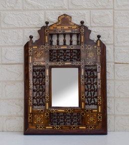 Vintage Syrian 20" Height Wooden Wall Mirror Frame, Marquetry Wall Hanging Mirror Frame, Moroccan Furniture, Wall Decor - front view