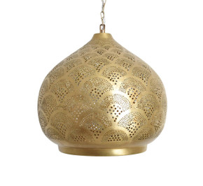 Outdoor Hanging Pendant Light in Moroccan Style – Brass ceiling fixture designed for patios or entryways, featuring detailed hand-pierced patterns and soft ambient lighting.
