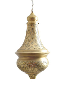 Large Moroccan Brass Pendant Light – Handcrafted lantern-style ceiling fixture perfect for living room or kitchen lighting, featuring intricate pierced brass design.