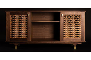 Walnut media console with lattice doors in hand-cut solid wood