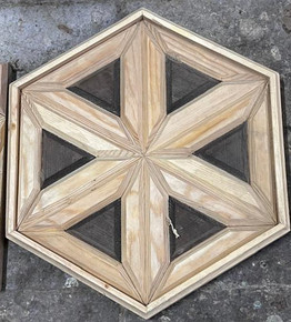 Hexagonal six-point star wood mosaic ceiling panel in ash and walnut marquetry