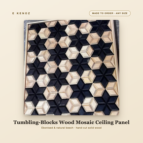 Tumbling-Blocks 3D Wood Mosaic Panel — Ebonised & Beech Geometric Ceiling Feature, Custom Size