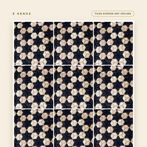 Tumbling-blocks 3D wood mosaic panel tiled across a ceiling — E Kenoz