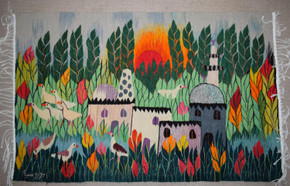 4.5 FT Egyptian Wall Hanging Tapestry -  Sunset Village Handwoven Kilim Art
