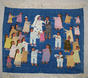 Village Wedding Celebration — handwoven Egyptian wool tapestry, 28"