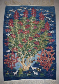 Blossoming Tree and Birds — handwoven Egyptian wool tapestry, 5.3 ft
