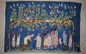 3.7 FT Handwoven Egyptian Kilim Tapestry , Tree Harvest Village Wall Hanging Scene