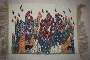 Blossom Plants over the Village — handwoven Egyptian wool tapestry, 3.5 ft