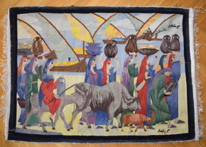 Women by the Nile with Feluccas — handwoven Egyptian wool tapestry, 3.1 ft