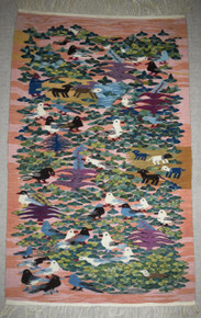 3.9 FT Handwoven Egyptian Kilim Rug Wall Hanging Tapestry Birds Animals Pink