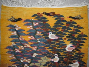 2.0 FT Handwoven Egyptian Kilim Rug Tapestry Wall Hanging Birds Tree Gold Leaves